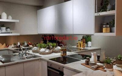 A mirrored splashback with cut-outs for electrical sockets we completed for Arlene McIntyre’s show Designed for life on RTE one.