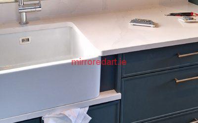 A recent job for a house in Clonskeagh where we installed a backsplash in Antique Mirror with two cutouts for electrics